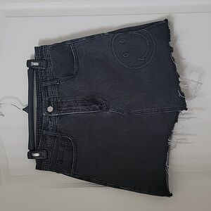 Unbranded Unsized Black Torn Hem Denim Mini Skort with Smiley Face